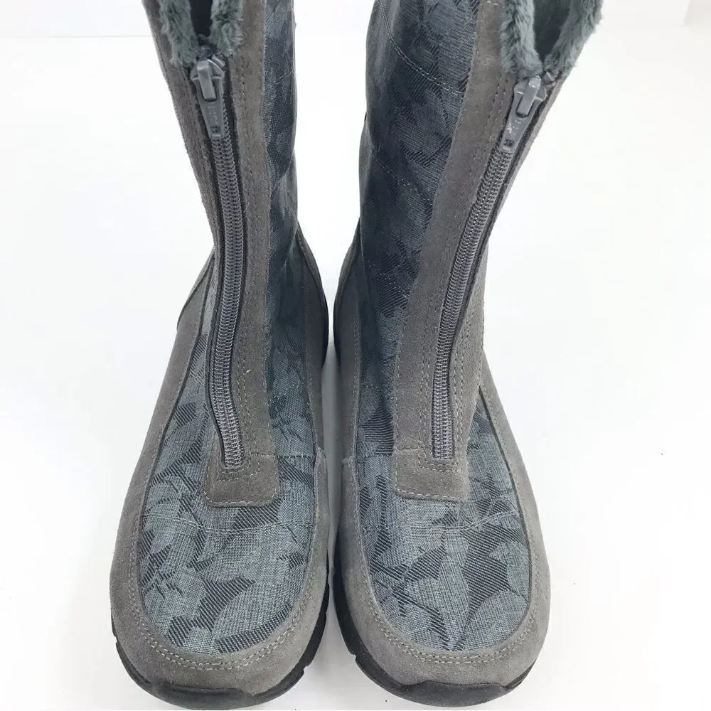 Land’s End Gray Suede Floral Canvas Front Zip Faux Fur Lined Thermolite Boot NEW